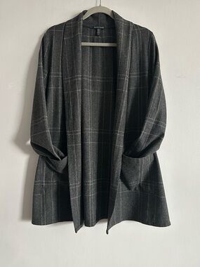 Eileen Fisher Charcoal Gray Windowpane Plaid Open Front Jacket/Cardigan